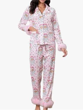 Pink Santa Print Satin Pajama Set with Feather Trim